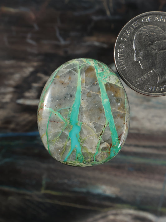 Oval ribbon turquoise cabochon with white matrix and teal streaks