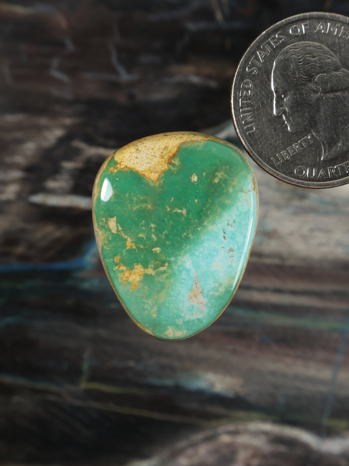 Royston turquoise cabochon oval stone with green color and gold matrix speckles
