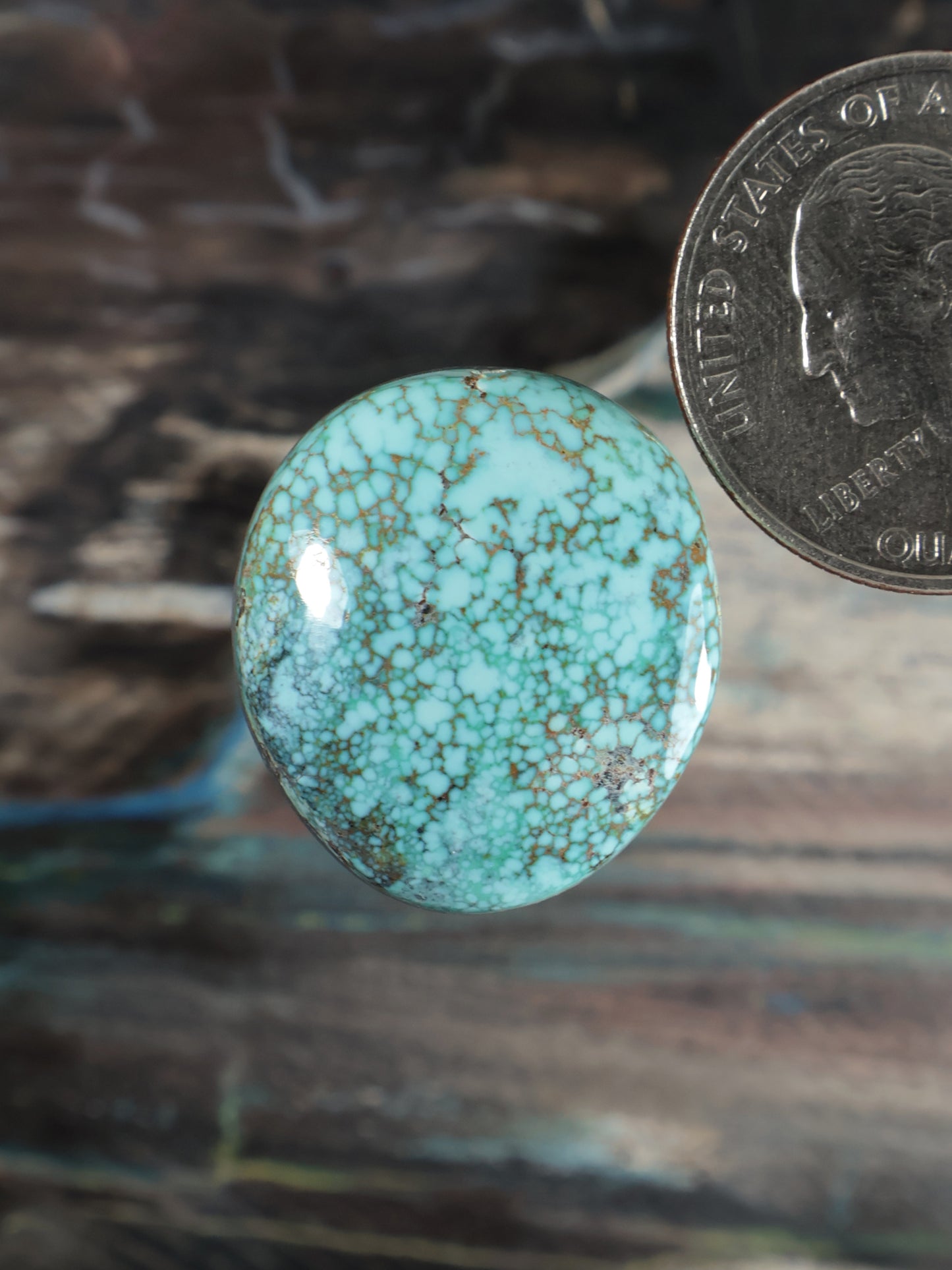 Turquoise cabochon gemstone, oval with blue-green matrix pattern