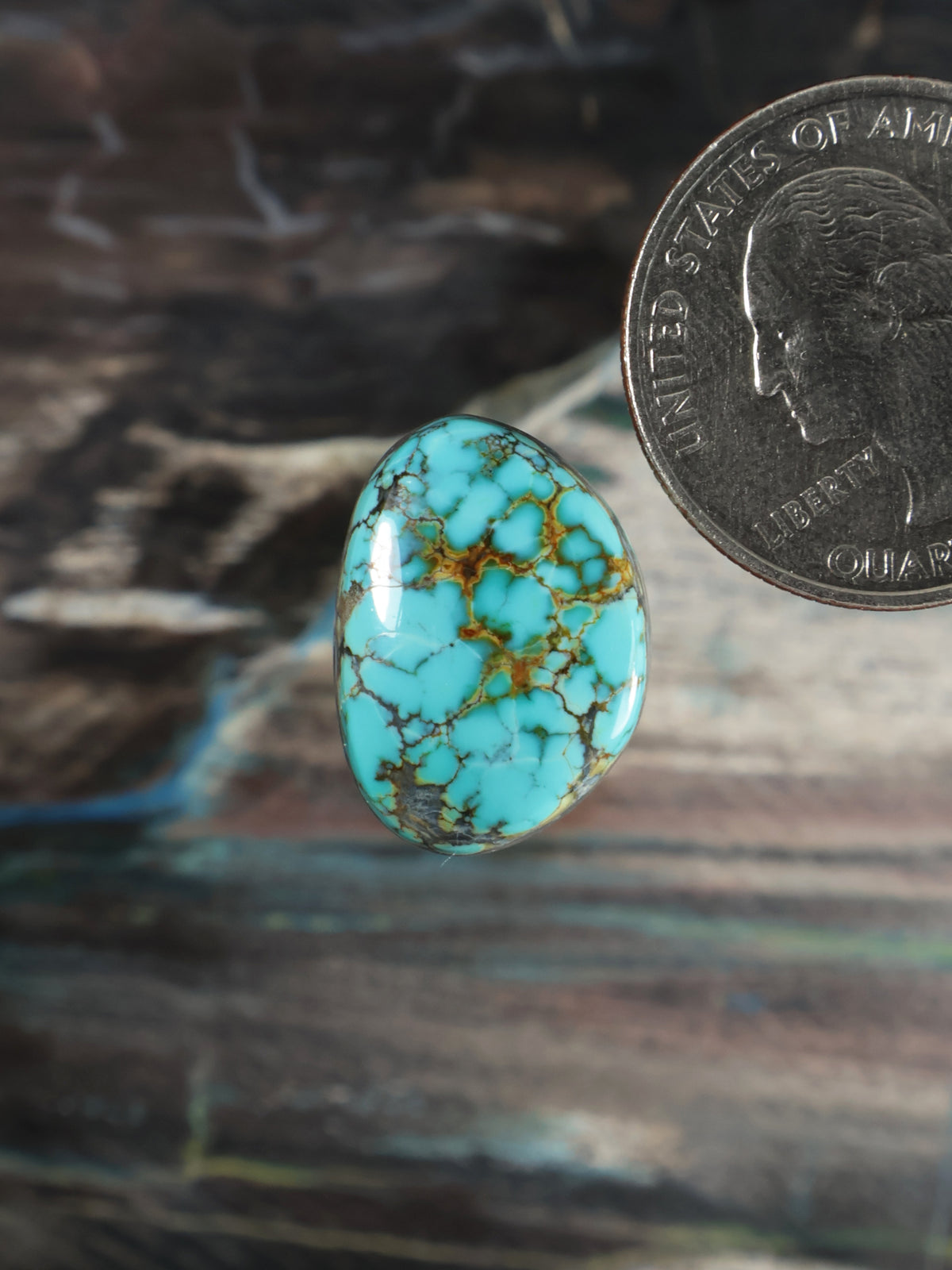 Turquoise oval cabochon with golden matrix webbing, polished stone surface