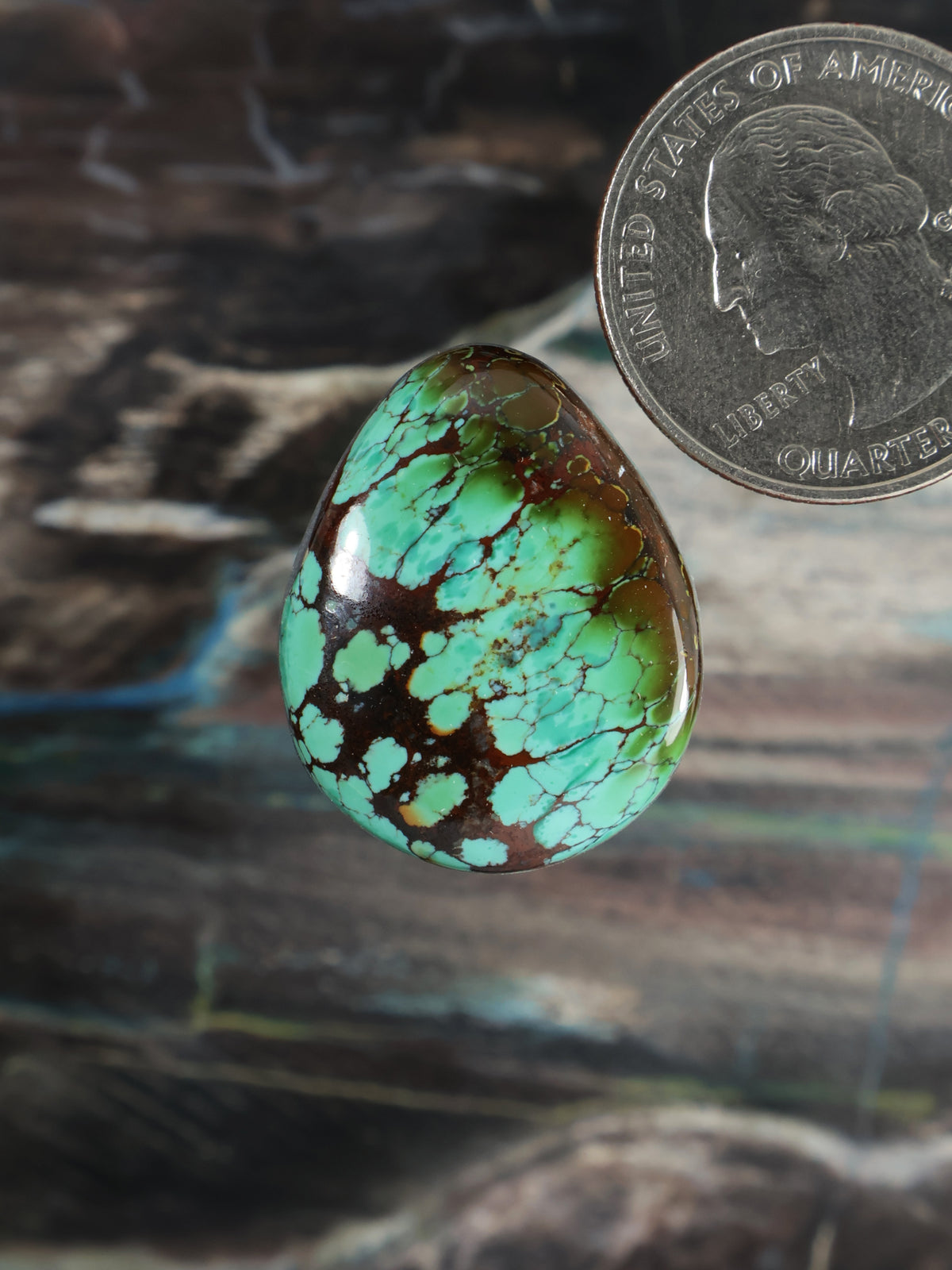 Skyhorse turquoise cabochon, oval teardrop gemstone with dark matrix webbing