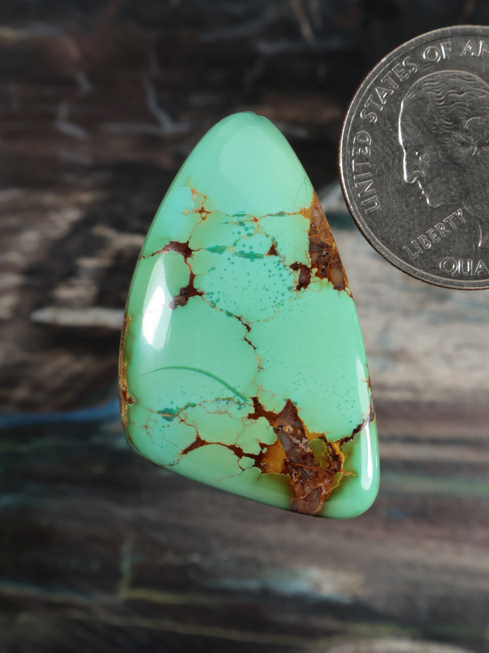 Turquoise teardrop cabochon gemstone with brown matrix veining