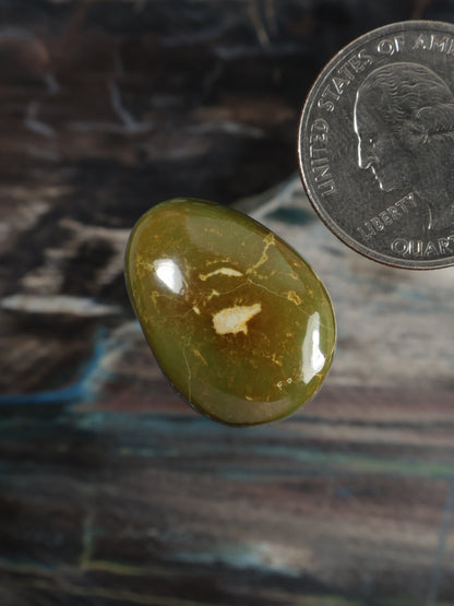 Tilted oval green cabochon gemstone with glossy finish and light veining
