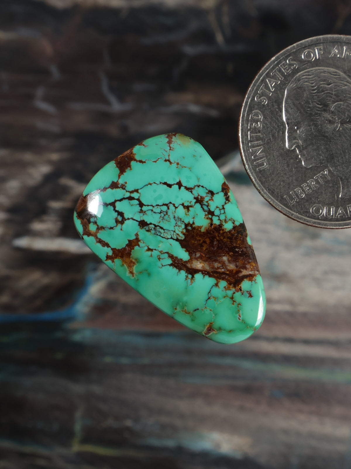 Turquoise cabochon gemstone with brown matrix and branching vein pattern, oval shape