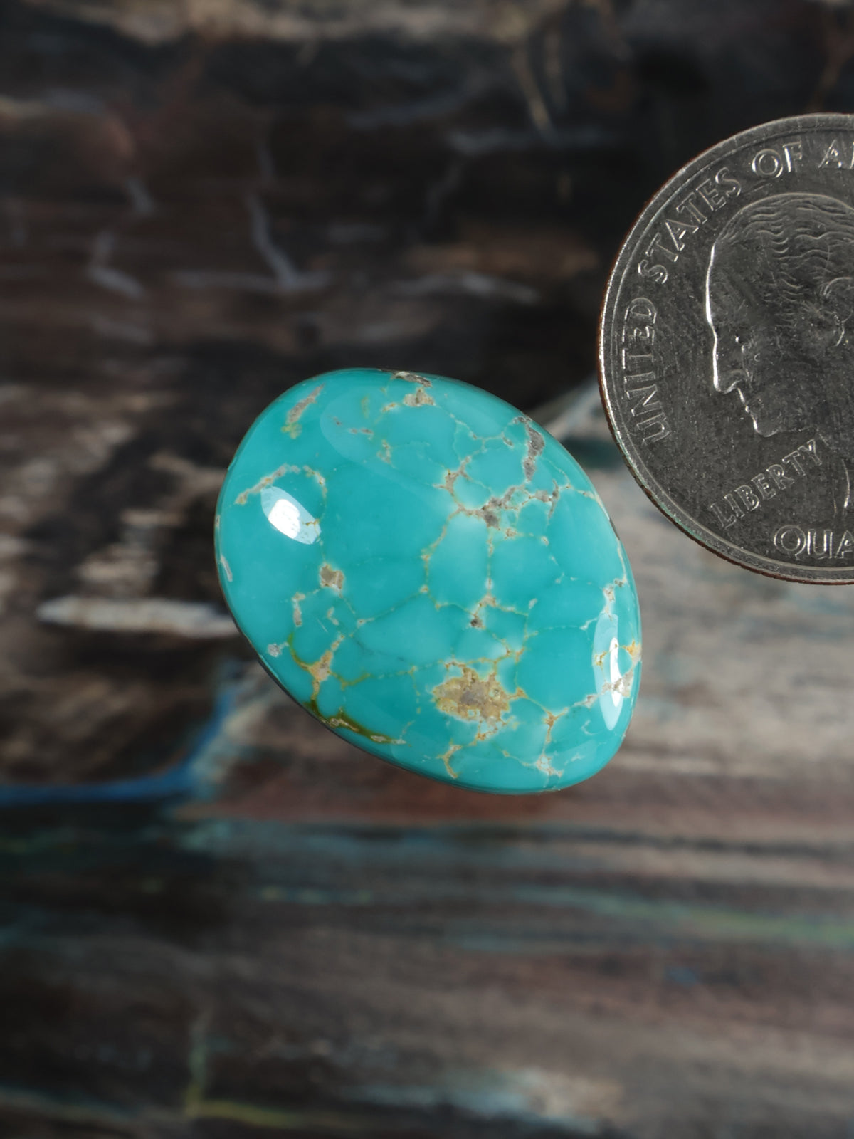 Turquoise cabochon gemstone with gold veining, rounded oval profile