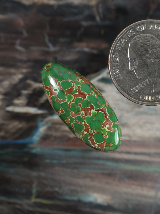 Carico Lake turquoise cabochon oval green angled view, polished cabochon with webbed matrix