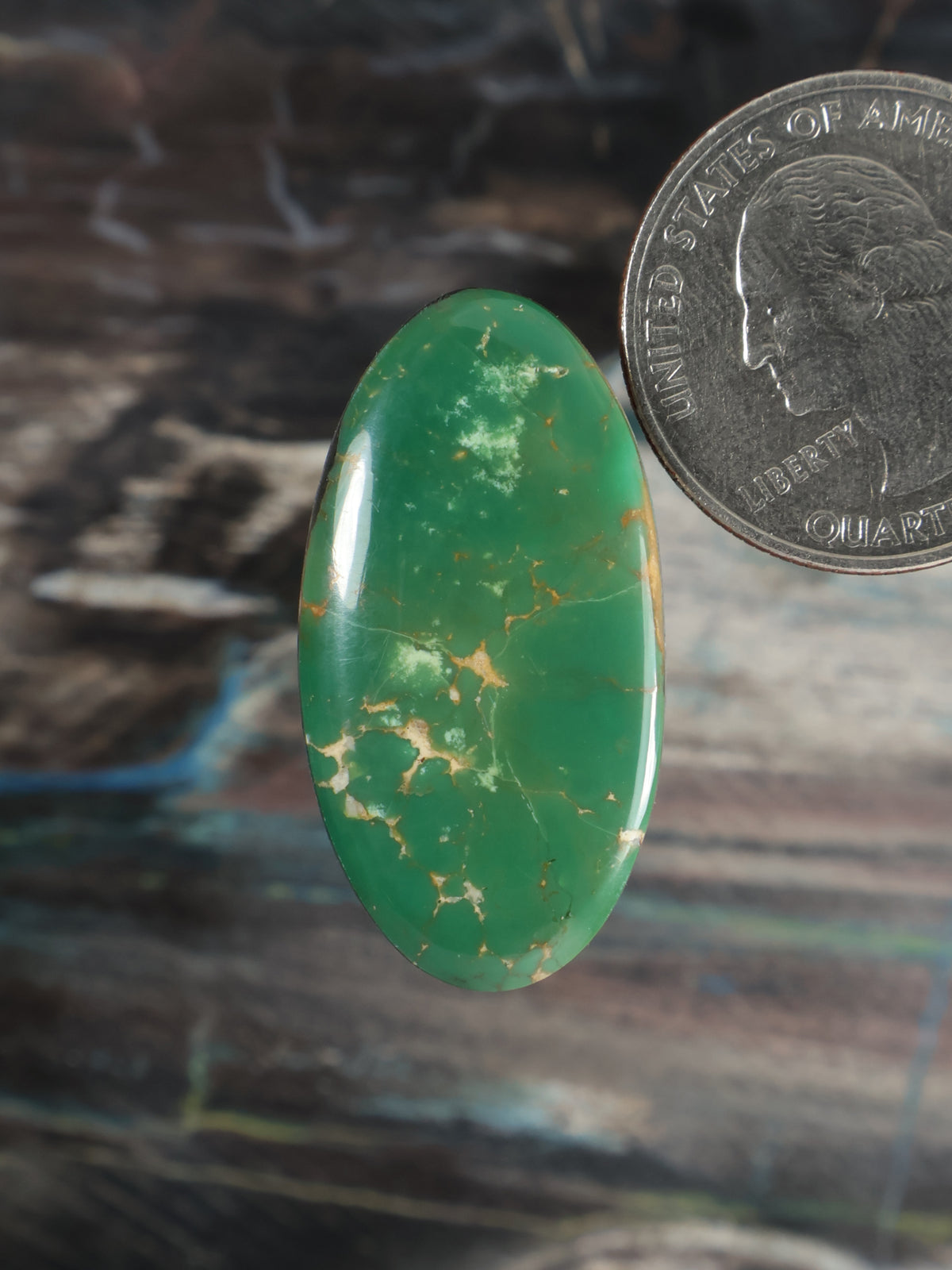 Oval green turquoise cabochon with gold veining, polished gemstone