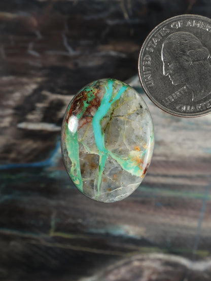 Turquoise cabochon gemstone, oval with bright teal and rust speckles in pale stone