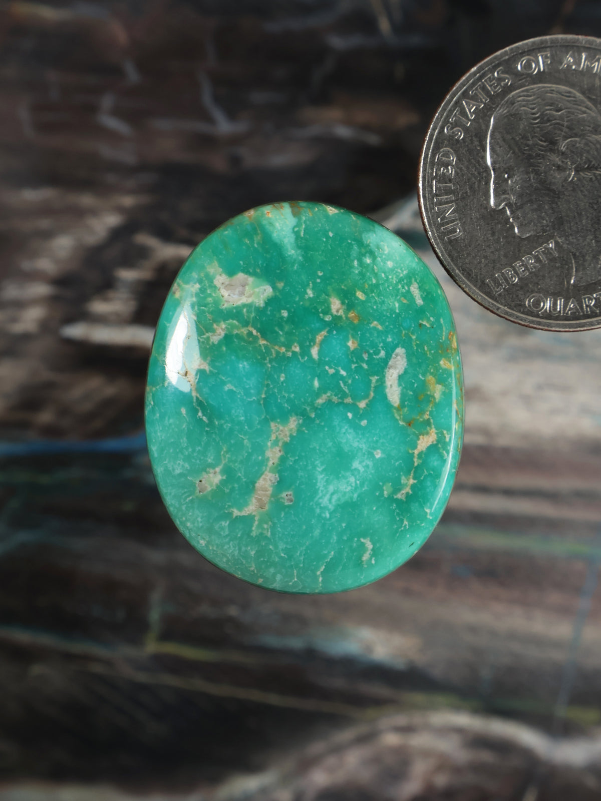 Oval turquoise cabochon gemstone, glossy with natural veining and matrix