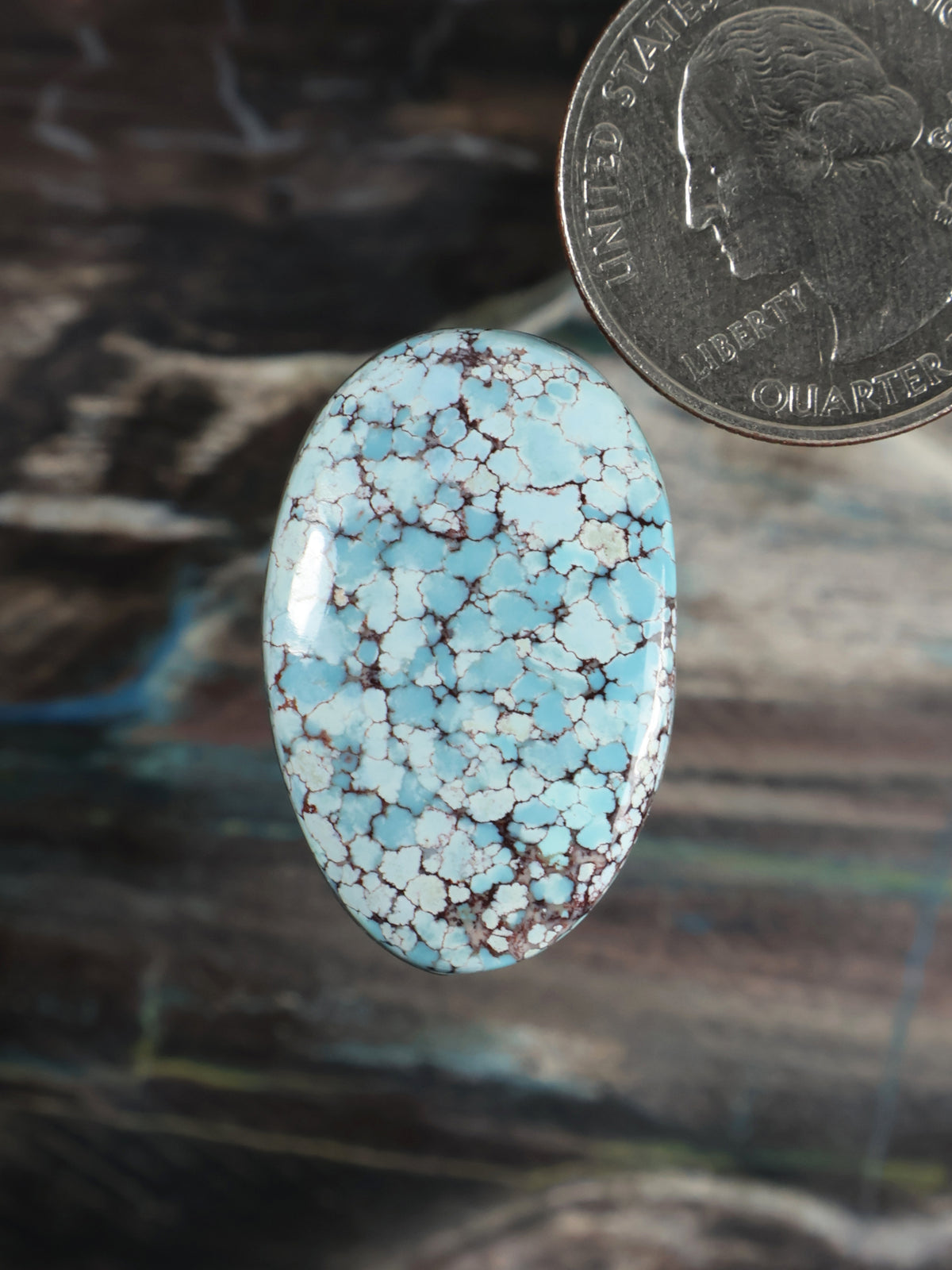 Oval turquoise cabochon with blue matrix webbing, polished stone