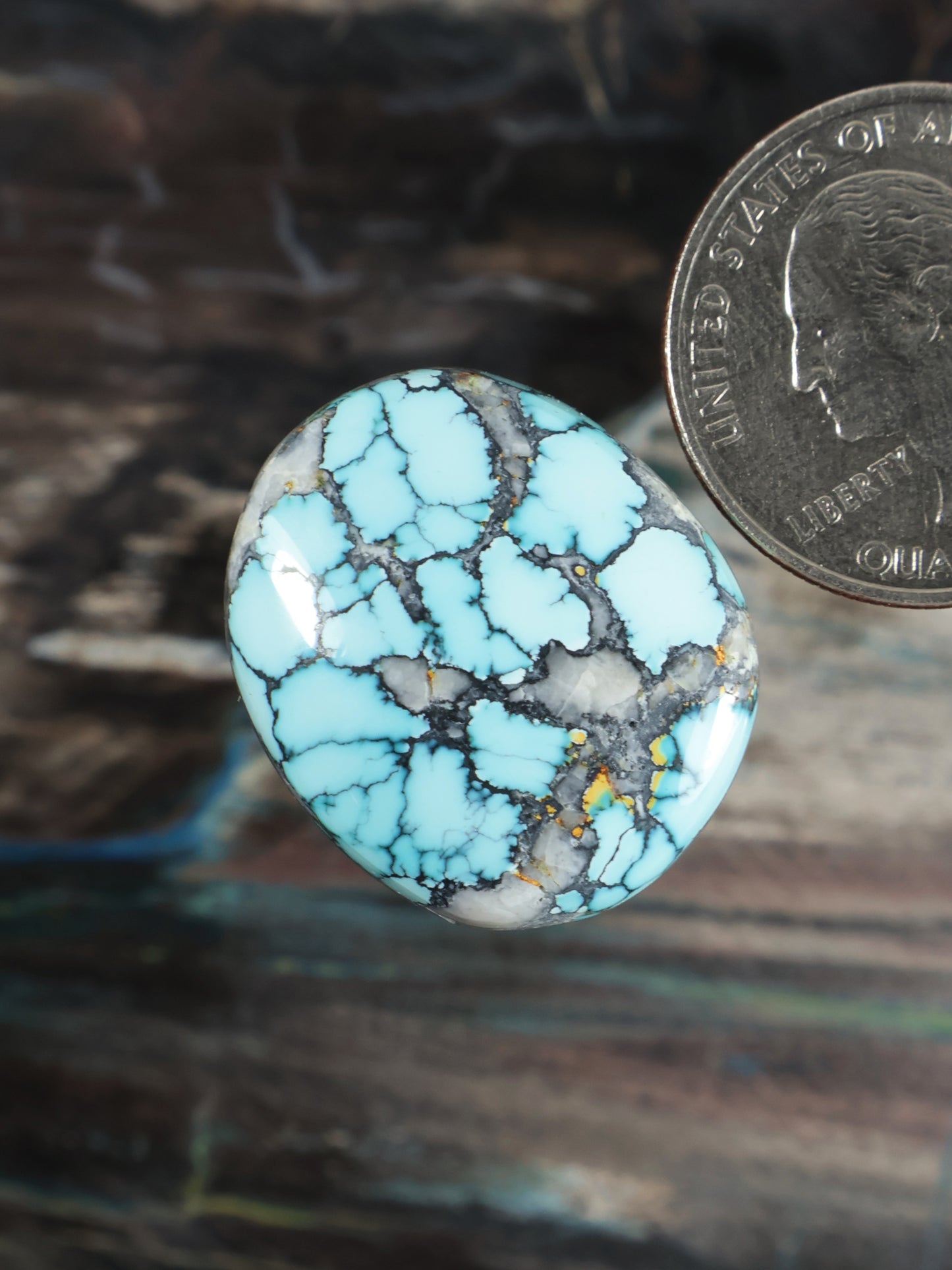 Round turquoise cabochon with blue color and dark webbing, gold flecks