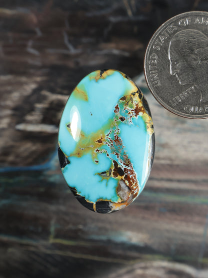 Oval turquoise cabochon with gold-brown matrix and dark edge bezel