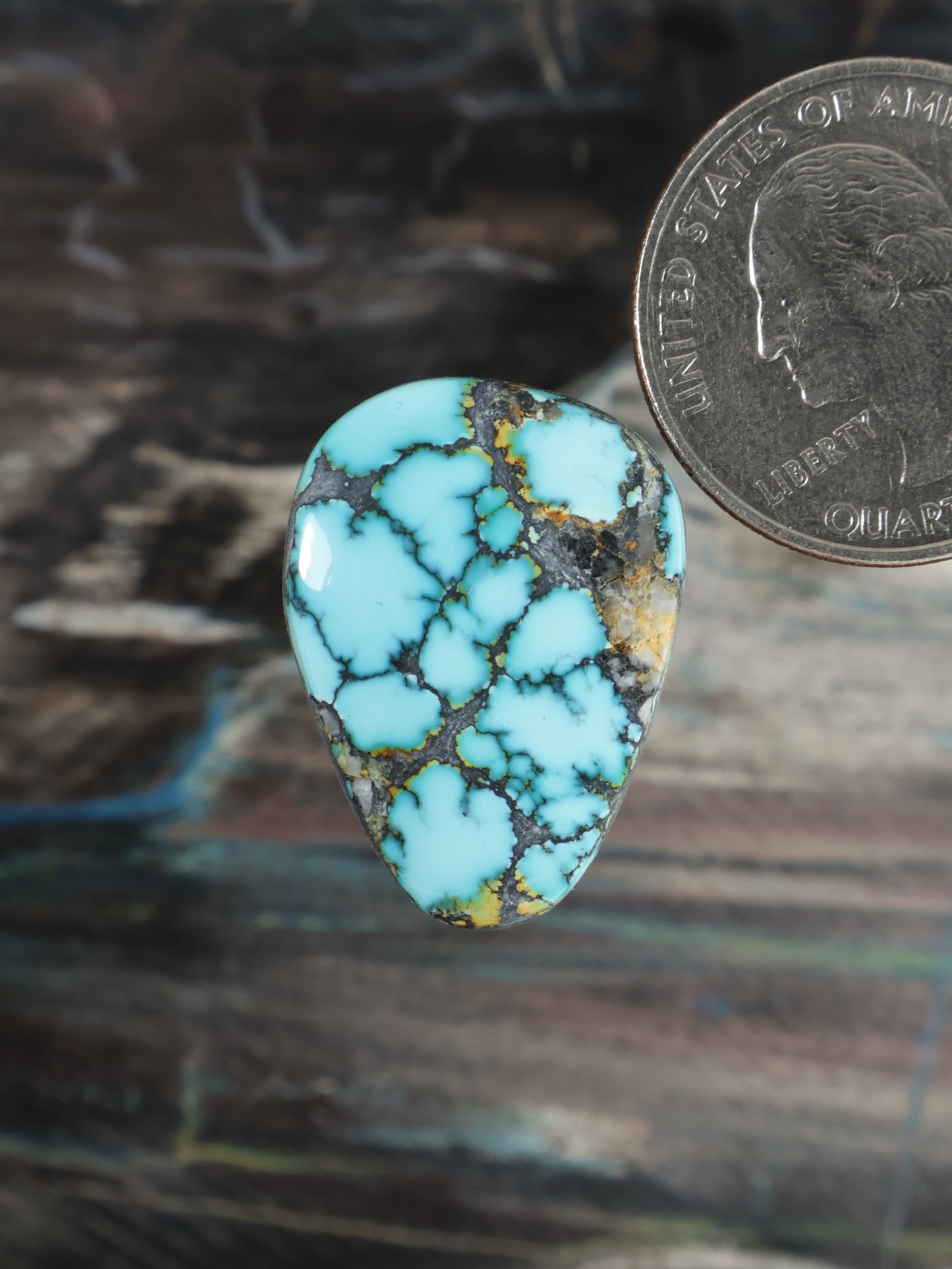 Teardrop turquoise cabochon with blue base, dark webbing, and gold matrix