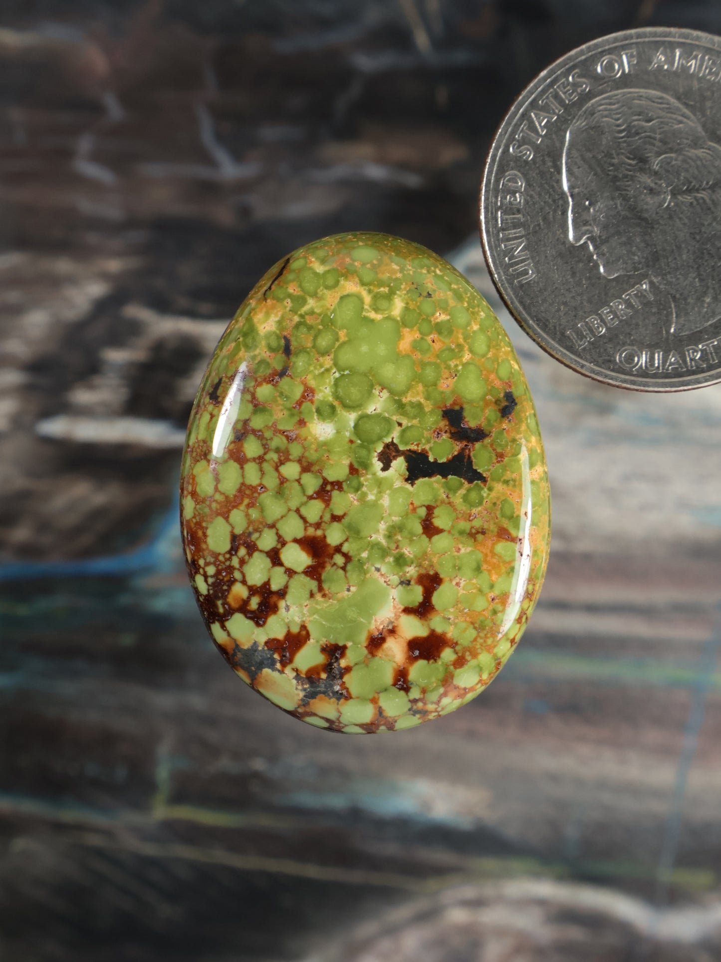Oval cabochon gemstone with green stone and red-brown mottled matrix, polished