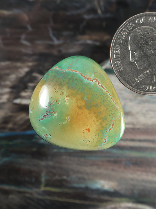 Turquoise cabochon gemstone teardrop, green-blue with yellow veins and orange-red spots.