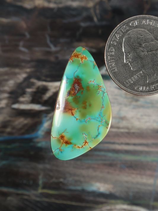 Turquoise cabochon gemstone with green veining, teardrop drop shape
