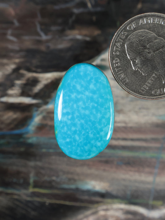 Blue oval cabochon gemstone, glossy domed surface with light speckled pattern