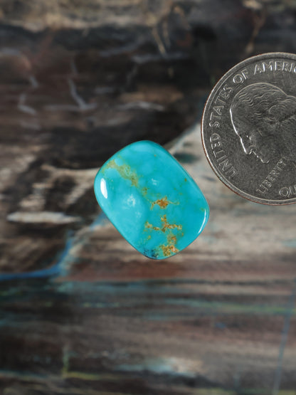 Turquoise gemstone cabochon with gold matrix flecks, oval rounded shape