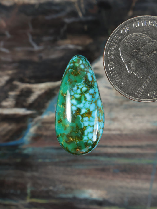 Green turquoise teardrop cabochon with gold matrix inlay, close-up view