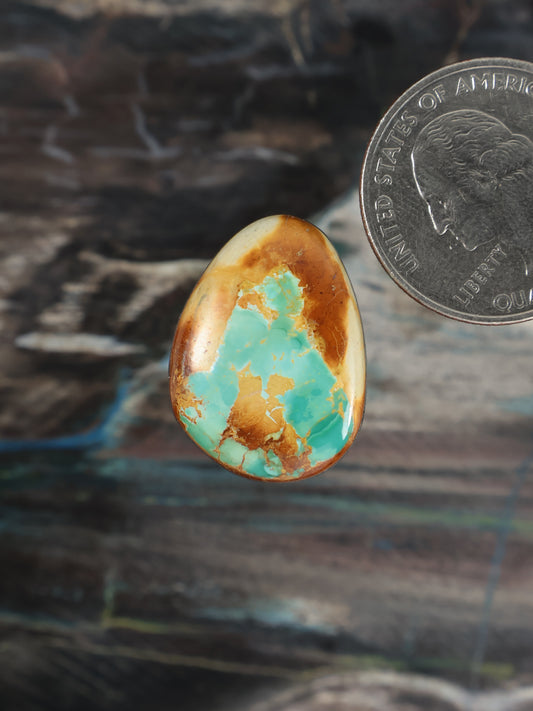 Turquoise cabochon teardrop gemstone with golden-brown matrix, small size