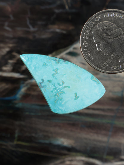 Turquoise cabochon stone, elongated triangle shape, light aqua with green flecks