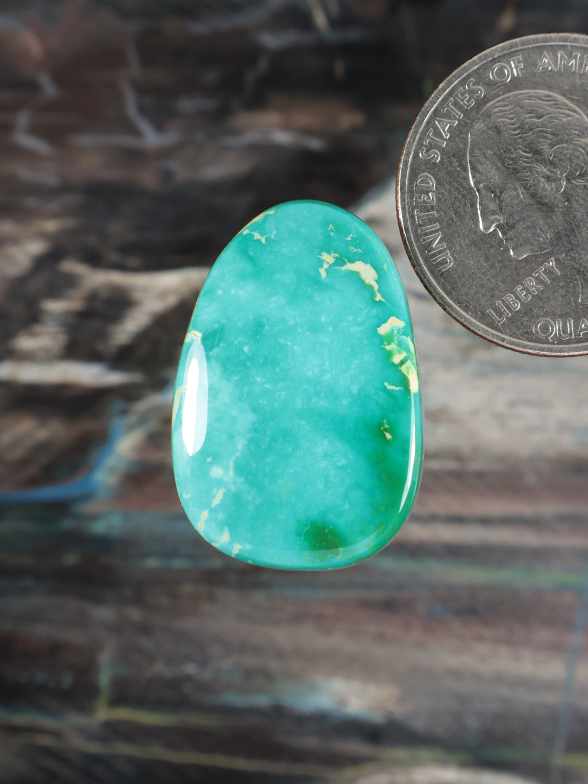 Turquoise oval cabochon gemstone with white matrix veins, polished dome