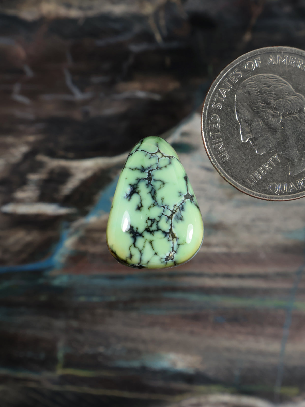 Prince Variscite teardrop cabochon, bright green with black matrix veining
