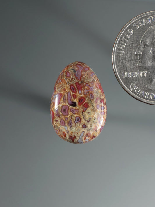 Dinosaur gembone cabochon, oval marbled red, purple, and yellow gemstone