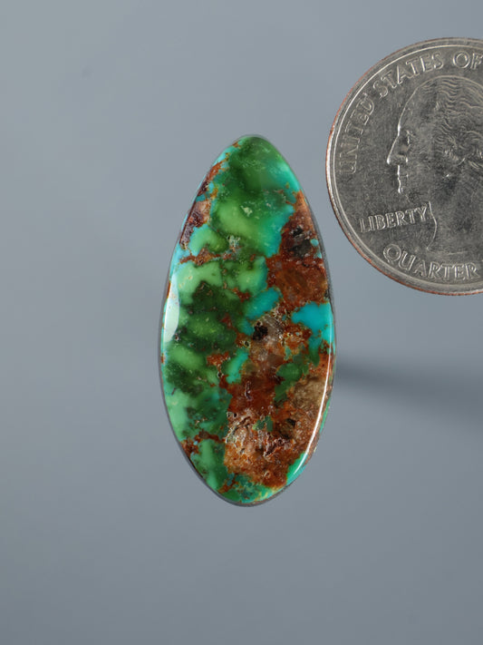 Oval turquoise cabochon gemstone with green and brown matrix