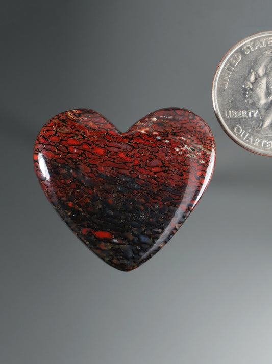 Dinosaur gembone heart cabochon, dark red and black marbled pattern