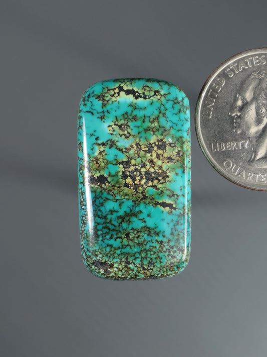 Turquoise-green cabochon gemstone with mottled matrix, oval rectangle shape