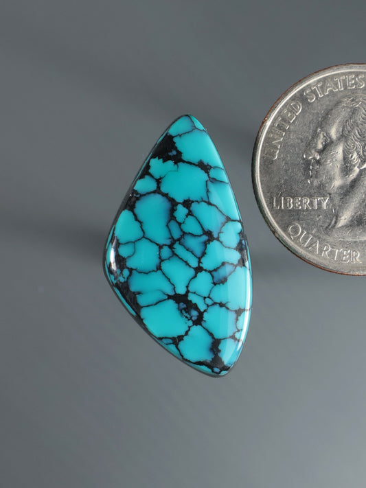 Turquoise cabochon with black webbed veining, teardrop shape, polished edge