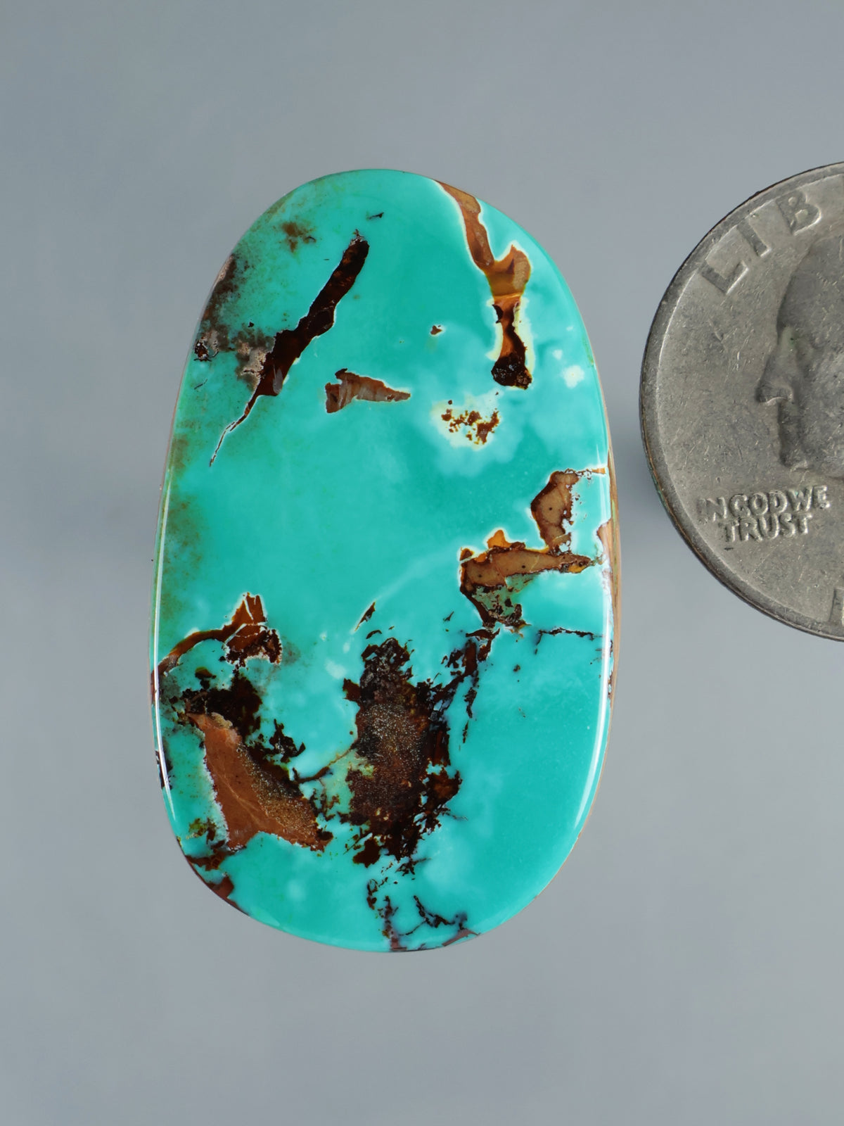 Turquoise cabochon gemstone with dark brown matrix spots