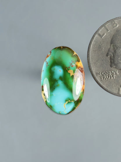Oval turquoise cabochon, polished green stone with brown matrix veining and cab sheen