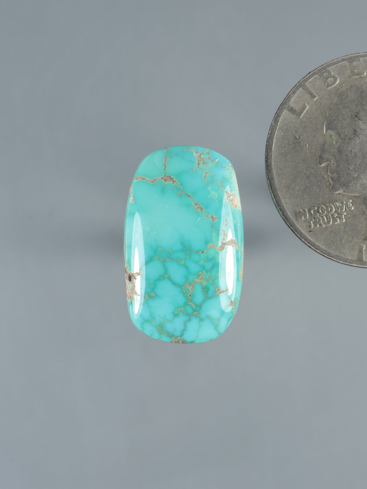 Turquoise cabochon gemstone, oval cushion shape with webbed matrix, polished surface