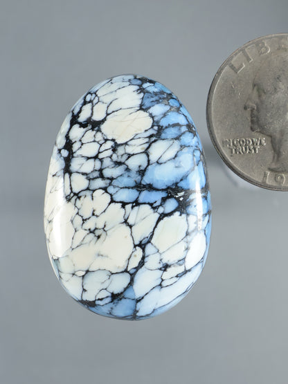 Oval blue and white cabochon with intricate black matrix veining