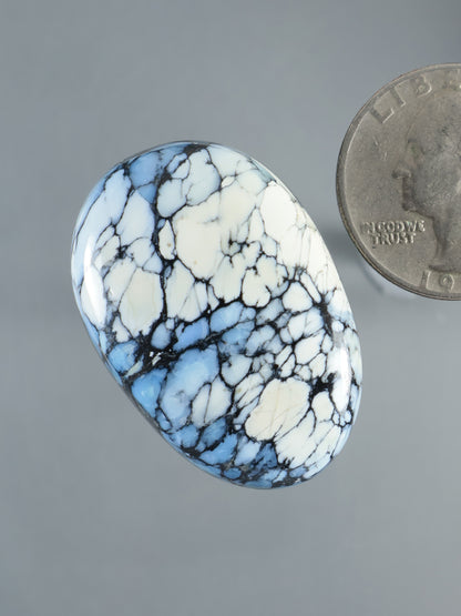 Oval cabochon showing blue and white stone with black web-like veining
