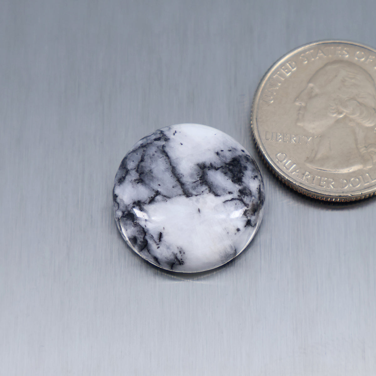 Round white feather-pattern cabochon with black veining, polished stone A226